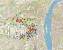 Přehled monitorovacích bodů  při sledování výskytu plcha na Petříně a okolí. Červená – pozitivní záznamy, modrá – negativní. Orig. J. Rychlý