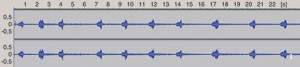 Audiogram hlasu plcha velkého (Glis glis). Na ose x je čas (v sekundách), na ose y bezrozměrná úroveň signálu. Orig. J. Rychlý  