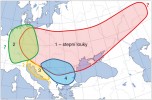 Rozšíření čtyř hlavních typů širokolistých suchých trávníků ve střední  a vý­chodní Evropě podle W. Willnera a kol. (2019); 1 – (sub)kontinentální trávníky = stepní louky (svaz Cirsio-Brachypodion), 2 – (sub)atlantské trávníky  (svaz Meso­bromion), 3 – jaderské trávníky (svaz Scorzonerion villosae), 4 – balkánské trávníky (svaz Chrysopogono-Dan­thonion). Celkové rozšíření svazů bude možné po­soudit, až budou vyhodnocena data ze západní a jižní Evropy a západní Sibiře. V oblastech, kde se areály překrývají, jednotlivé typy obvykle rostou na různých stanovištích (např. v rozdílných nadmořských výškách). Orig. J. Roleček