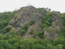 Týřovické skály – nejvýraznější skalní útvar v NPR Týřov. Detailní pohled na jeden z andezitových skalních výchozů, bílá barva ve spodních částech skal prozrazuje vápnité vložky.  Foto J. Kocourková