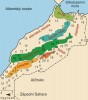 Geografické členění Maroka  a schematické rozšíření gekonů. Čísla taxonů odpovídají číslům uvedeným v závorkách v textu. Orig. A. Funk