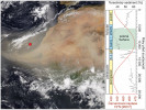 Saharská poušť je v současnosti globálně nejvýznamnějším zdrojem atmosférického aerosolu. Satelitní snímek z 19. července 2020 (vlevo) zachycuje obří oblak prachu a písku putujícího ze severní Afriky do oblasti Atlantského oceánu. Na sedimentárním záznamu z mořských uloženin odebraných u západního pobřeží severní Afriky (červený bod) je vidět, že množství takto přemístěného eolického materiálu (šedá křivka) bylo během časného a středního holocénu (zhruba 11 – 5,5 tisíce let před současností) podstatně nižší než v předchozím (glaciálním) a následujícím (pozdně holocenním) úseku. V té době totiž tropické monzuny zasahovaly mnohem více na sever, značná část dnešní Sahary byla pokryta vegetací a povrch stabilizován půdním pokryvem. Fáze zelené Sahary se v geologické minulosti mnohokrát opakovaly a souvisejí s cyklickou změnou množství dopadajícího slunečního záření (insolace) do obratníkové oblasti (červená křivka). MD – stadiál mladší dryas, B–A značí interstadiál bølling-allerød. Foto NASA Worldview, v souladu s podmínkami použití, a orig. J. Hošek, upraveno podle: J. Adkins a kol. (2006)