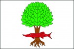 Červená heraldická štika na vlajce obce Litostrov, okres Brno – venkov, udělené v r. 2002