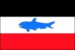 Vlajka obce Žilov, okres Plzeň – sever, udělená v r. 1999 s unikátní fosilií – pravěkou rybou Acrolepis gigas, nalezenou na katastru obce