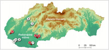 Geografické umístění paleoekologických profilů s makrozbytkovým záznamem v Podunajské nížině. Červeně označeny lokality, kde analýzu záznamu provedla autorka tohoto textu (A. Šolcová, rozená Potůčková), bíle lokality, kde záznam analyzovali jiní autoři. 1 – Šúr (Potůčková a kol. 2018, Petr a kol. 2013), 2 – Parížske močiare (Jamrichová a kol. 2014), 3 – Santovka-vesnice (Šolcová a kol. 2018), 4 – Santovka-PB (Šolco - vá a kol. 2020), 5 – Malé Bielice (Hájková a kol. 2013), 6 – Mitická slatina (Jamrichová a kol. 2017), 7 – Nová Vieska 2 (Procházka a kol. 2015), 8 – Mad (Procházka a kol. 2021), 9 – Štúrová (Pišút a kol. 2010), 10 – Vrakúň (Pišút a Procházka 2012). Orig. A. Šolcová 