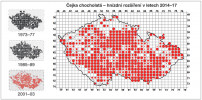 Hnízdní rozšíření čejky chocholaté (Vanellus vanellus) v České republice v období let 1973–2017. Upraveno podle: K. Šťastný a kol. (2021)