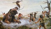 Lov mamuta skupinou H. sapiens.  Orig. P. Modlitba, z knihy J. Maliny  Mluvící prahrnec a jiné prapříběhy (Akademické nakladatelství CERM, Brno 2012)