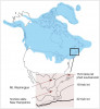 Maximální rozsah posledního zalednění na severoamerickém kontinentě, jeho jižní hranice zasahuje na jih od Velkých jezer a nezaledněná je část Aljašky. Zalednění dosahovalo přibližně o 10° jižněji než v Evropě. Na detailu dole je postupný ústup zalednění v tisících let před současností. Upraveno podle: A. M. Barth a kol. (2019). Orig. R. Bošková