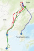 Mapa s trasami pohybu samice jeřába mandžuského Bomnak (zeleně), samce Depa (červeně) a samce j. daurského  Areta (modře) z místa vypuštění (zelený bod) na zimoviště (modré body)  a zpátky. Orig. P. Suvorov