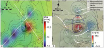 Geofyzikální mapa kompletních Bouguerových anomálií (KBA, v miligalech, obr. a). Barevná škála ukazuje velikost tíhového pole. Modré barvy odpovídají horninám s nižší hustotou, červené naopak s vysokou hustotou. Bílé linie ukazují úzké lineární anomálie, bílá přerušovaná čára nefelinitové těleso Řípu. Mapa magnetických anomálií (v nanoteslách; b), získaných leteckým měřením. Lakolit – mělce podpovrchové magmatické těleso. Upraveno podle: F. Tomek a kol. (2025, obr. a) a K. Šalanský (2006, b)