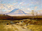 Julius Mařák (1832–1899). Hora Říp. Obraz z 19. století s vrcholem, který nebyl původně zalesněný. Detail plátna