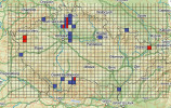 Rozšíření slíďáka tečkovaného  v České republice. Modře nálezy v letech 1951–2000, červeně 2001–21. Podle dat České arachnologické společnosti