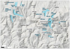 Krkonošské ledovce ve vrcholném období posledního glaciálu. Dosud není jasné, jestli byla v té době zaledněna Labská, Pančavská a Bílá louka. Rozsah karových a údolních ledovců je naopak velmi přesný díky morénám dochovaným v údolích. Orig. D. Krause