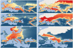 Klimatické modely (příznivost klimatu pro daný druh vypočítaná ze současného areálu rozšíření a projektovaná do minulosti) pro okáče skalního (Chazara briseis, a), modráska ligrusového (Polyommatus damon, b) a m. komonicového (Polyommatus dorylas, c) v současnosti (vlevo) a v posledním glaciálním maximu (vpravo). V případě modráska komonicového došlo k většímu ústupu klimaticky vhodných míst až v mladším dryasu, pravděpodobně kvůli suchu (model zobrazen v publikaci Sucháčková Bartoňová a kol. 2021). Oranžové až červené barvy značí vhodnost klimatu pro daný druh – čím červenější, tím vhodnější. Tečkovaně jsou vyznačeny ledovce. Orig. A. Sucháčková Bartoňová