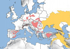 Přibližné rozšíření větších stepních celků v Evropě. Růžově jsou naznačeny extrazonální stepi a lesostepi, žlutě zonální stepi. Orig. J. Marešová, upraveno podle: Ł. Kajtoch a kol. (2016) a P. Kirschner a kol. (2020)