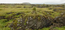 Islandská lokalita, na které byla v srpnu 2021 nalezena zrnovka alpská. Na lokalitě Búðir na poloostrově Snæfellsnes, západní Island, byla zrnovka vázána na travnaté kopečky na vrcholcích lávových skalek. Místo s hojným výskytem druhu vyznačena bíle. Foto M. Horsák a V. Horsáková