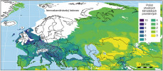 Podobnost klimatu posledního glaciálního maxima (podle klimatického modelu CCSM3, Community Climate System Model version 3) se současným klimatem čtyř lokalit zrnovky alpské na Islandu. Čím tmavší barva, tím větší počet klimatických proměnných spadá do rozsahu hodnot na lokalitách, které v současnosti z. alpská na Islandu obývá. Světle šedé šrafování schematicky znázorňuje území, ze kterého je druh znám z fosilního záznamu. Je patrné, že fosilní nálezy spadají do území klimaticky podobného nynějším lokalitám na Islandu. Orig. J. Divíšek