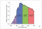 Křivka relativní intenzity dopadajícího slunečního záření změřená pomocí spektrometru na jižní Moravě na jaře v pravé poledne. Obr. také ukazuje  relativní poměr intenzity záření pro  jednotlivé složky spektra. Zatímco  intenzita záření je v celém „viditelném“  spektru (400–700 nm) podobná, UV záření dopadá na zemský povrch podstatně méně. Orig. M. Šulc a M. Honza