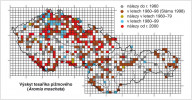 Mapa rozšíření tesaříka pižmového (Aromia moschata) v České a Slovenské republice na základě práce Milana Slámy (1998) s dodatečnými údaji Václava Hanzlíka. Značný počet hnědých a šedých čtverců ukazuje významný úbytek lokalit ve srovnání s 20. stoletím. Orig. M. Sláma a V. Hanzlík