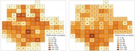 Počet druhů denních motýlů a vřetenušek zaznamenaných ve faunistických čtvercích jižních Čech od začátku století do r. 1990 (obr. vlevo) a v letech 2011–18 (vpravo). Obě mapy jsou založeny  na stejném počtu záznamů, prozkoumanost v druhé periodě je rovnoměrnější. Jen v jediném čtverci dnes počet druhů přesahuje 70, v první periodě bylo  43 takových čtverců. Orig. V. Hans a Z. Hanč, upraveno podle: Z. Hanč a kol. (2019