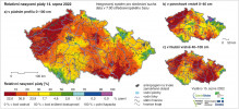 Mapa relativního nasycení půdy z portálu Intersucho (www.intersucho.cz). Nasycení půdy je dobrým indikátorem sucha, zohledňuje se zde množství  předchozích srážek, evapotranspirace a dostatek vody pro růst vegetace.