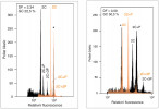 Cytometrické profily dvou druhů orchidejí s částečnou endoreplikací, které představují dosud známé extrémy v zastoupení GC-párů bází v genomu (G – guanin, C – cytozin). Zatímco středoamerická Specklinia guanacastensis (vlevo) obsahuje pouhých 22,5 % GC-párů, jihoafrická Disa multifida (vpravo) má 50,5 % GC-párů. Zastoupení bází v genomu se stanovuje průtokovou cytometrií pomocí měření s dvěma fluorescenčními barvami, které se rozdílně vážou na DNA. Propidium jodid (PI) je interkalární barvivo a rovnoměrně se váže na celou DNA (vmezeří se mezi dvě vlákna dvoušroubovice bez ohledu na to, jakými nukleotidy je daná DNA tvořena; černě podbarvený histogram). Naproti tomu DAPI (4′,6-diamidin-2-fenylindol) je AT-selektivní barvivo vážící se na AT-páry v DNA (oranžově podbarvený histogram, A – adenin, T – thymin). Poměr relativních fluorescencí ke stejnému standardu u obou barviv (dye factor, DF) je určující pro výpočet bázického (nukleotidového) složení genomu. Orig. P. Trávníček. 