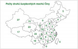 Počty druhů šurpkovitých mechů  rostoucích v Číně a na Tchaj-wanu. Orig. V. Plášek