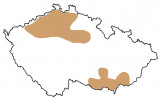 V současnosti známé oblasti výskytu zápřednice jedovaté (Cheiracanthium punctorium) v České republice. Orig. L. Šafářová, podle nálezových dat na https://www.biolib.cz/cz/taxonmap/id380/