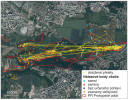 Mapa pozorování a přeletů sledovaného druhu okáče metlicového (Hipparchia semele) v Prokopském údolí v r. 2021. Orig. T. Jor