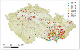  Rozšíření vrtule ořechové v ČR v letech 2017–22. Orig. platforma NAJDI.JE