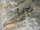Proželeznění pískovců na puklinách a vrstevních plochách souvisí s vulkanickou aktivitou v oblasti během miocénu. Prachovské skály. Foto M. Košťák